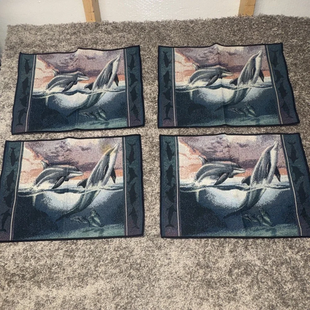 4 Ocean Water Sea Life Theme Tapestry Table Placemats 13‎ x 19 Dolphins Vtg